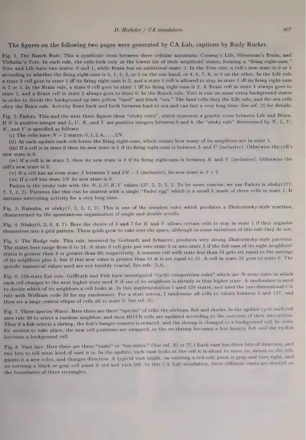 Primary-source scan of the CA Lab caption page from D. Hiebeler's CA simulators article.