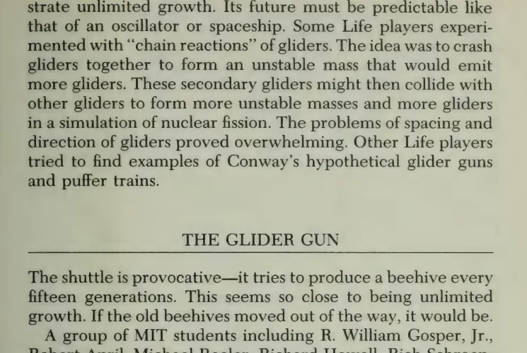 Thirteen gliders collide to form a glider gun from The Recursive Universe