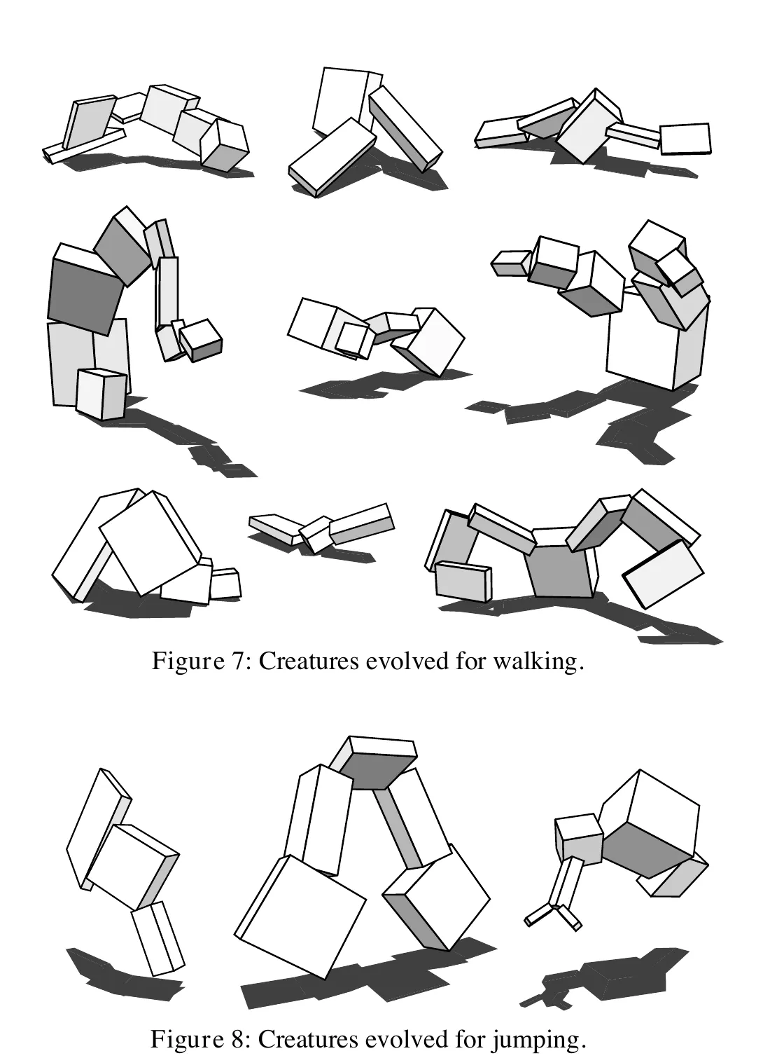 Primary-source scan of Figures 7 and 8 from Karl Sims's Evolving Virtual Creatures showing creatures evolved for walking and creatures evolved for jumping.