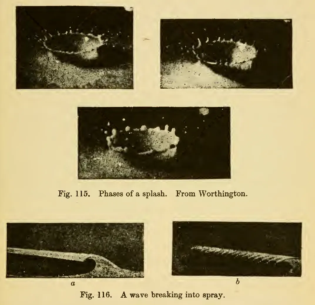 Primary-source scan of Thompson's figures 115 and 116 showing phases of a splash and a wave breaking into spray.